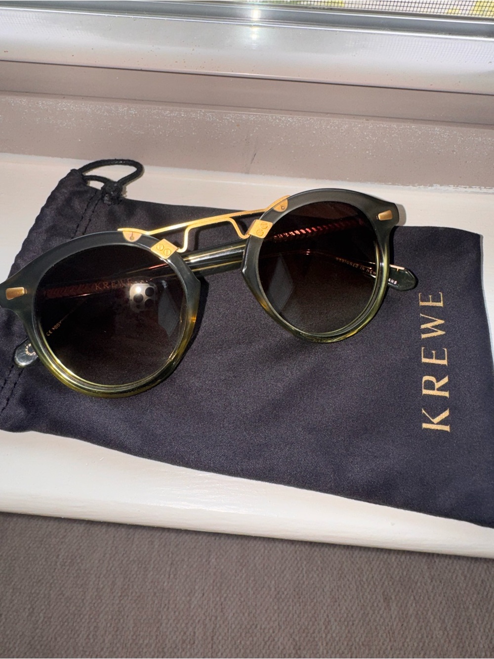 KREWE Olive Green Round Sunglasses with Gold Bridge